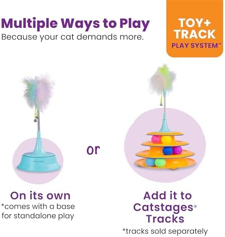 Catstages 2-in-1 Spring Teaser Cat Toy – Bouncy Interactive Cat Ball Track Add-On with Feathers & Bells, Blue