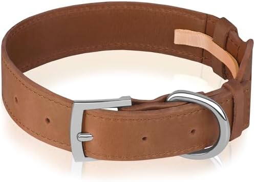 Leather Dog Collar with Airtag Holder - Apple Air Tag Dog Collars - Soft Tracking GPS Pet Collar for Small Medium Large Dogs Breed Puppy (Brown, L, 15"-19" Neck Fit)