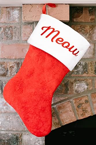 Pearhead Meow Cat Christmas Stocking, Plush Red Pet Holiday Stocking with Sherpa Cuff, Classic Cat Stocking for Treats, Toys, and Pet Gifts