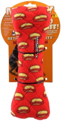 MIGHTY- No Stuff Bone-Red– Squeaky Plastic Core. 2-in-1 Toy. Made Durable & Floats, Strong & Tough. Interactive Play Dog Toy (Tug, Toss & Fetch)