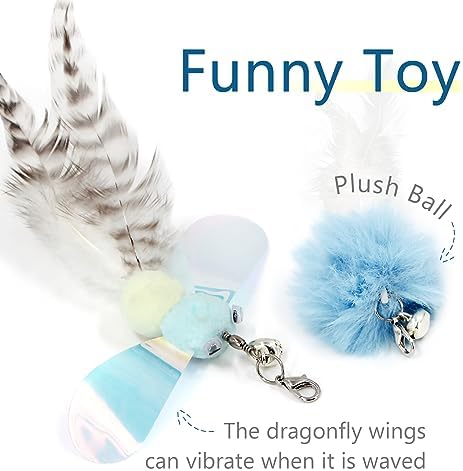 SONGWAY Cat Feather Toys Wand - 7 Pcs Interactive Cat Toys for Indoor Cat Kitten, Retractable Cat Wand Toy with 6 Feather Teaser Refills with Bell, Cat Fishing Pole Toy, Blue