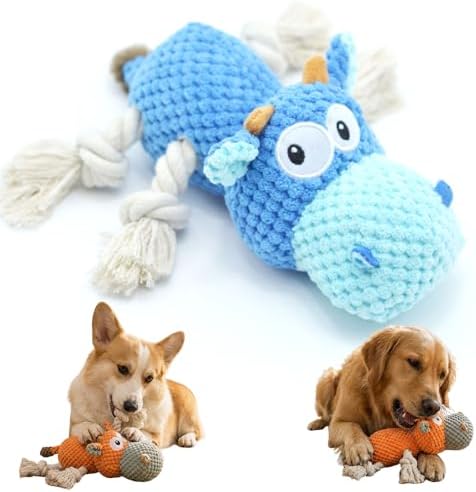 Squeaky Plush Duck Dog Toy for Aggressive Chewers with Built-in Sound (Blue Cow)