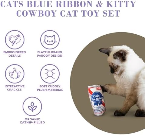 Haute Diggity Kitty Cats Blue Ribbon + Kitty Cowboy Set Soft Plush Cat Toys