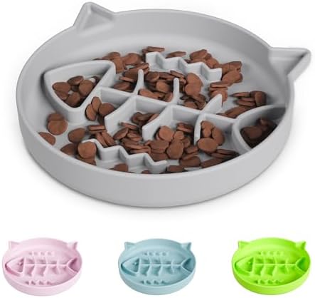 Silicone Cat Slow Feeder Bowl with Suction Cups - Interactive Puzzle Toy to Reduce Overeating in Kitty(Gray, 1 Cup)