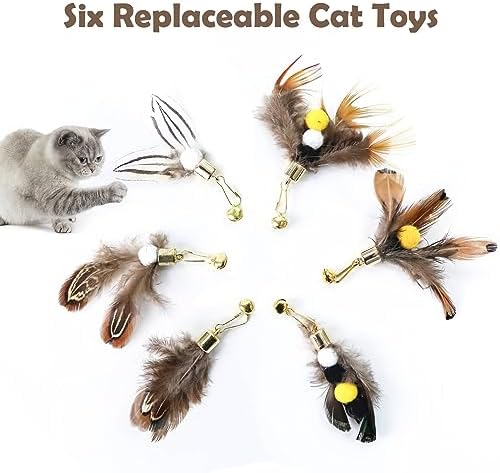 Cat Insect Feather Toys - Cat Wand and 6 Natural Insect Feathers Refill, Interactive Teaser with Bell