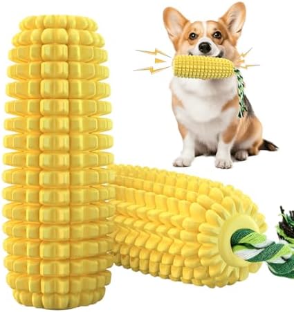 6.3 inch Corn Dog Toys for Aggressive Chewers, Durable Rubber Teething Toys for Puppies, Dog Toys to Keep Them Busy, Squeaky Dog Toy, Bite and Brush Dental Toy for Small Medium and Large Dogs