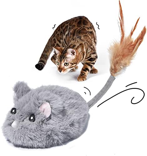 Automatic Cat Toy Cat Mouse Toy Moving Cat Toy with Furry Tail Boredom Busters Interactive Cat Toys for Indoor Cats Hunting Cat Mice Toys (Grey)