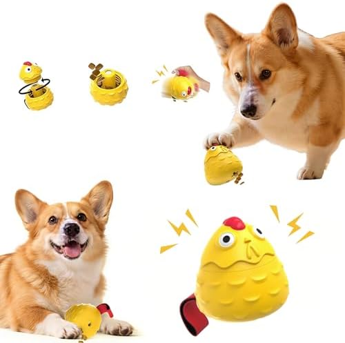 Interactive Dog Treat Dispensing Toy, Natural Rubber Chicken Design with Built-in Sound Generator, Slow Feeder Puzzle Toy for Aggressive Chewers, Teeth Cleaning for Small Medium Large Dogs (Yellow)
