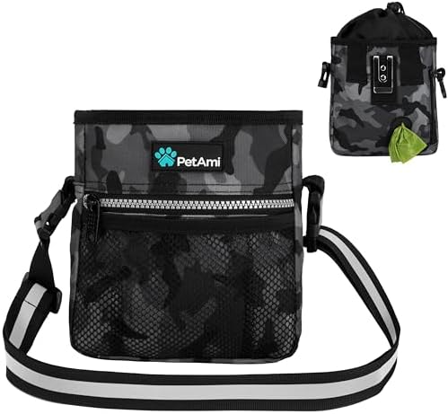 PetAmi Dog Treat Pouch, Pet Treat Pouch for Training, Dog Walking Bag Holder for Kibbles, Pet Food Toy, Dog Trainer Essentials Supplies, Poop Bag Dispenser, 3 Ways to Wear (Camo Black)