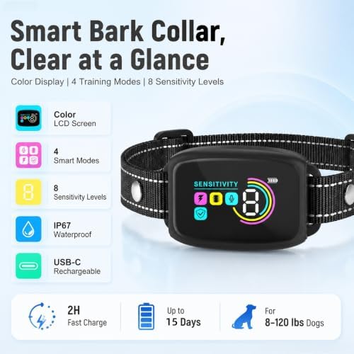 Dog Bark Collar,Shock Collar for Dogs,IP67 Waterproof, Type-C Rechargeable with Color Screen, 8 Sensitivity Levels & 4 Training Modes,AI Auto-Sleep & Safe Mode for Calming Dogs at Home