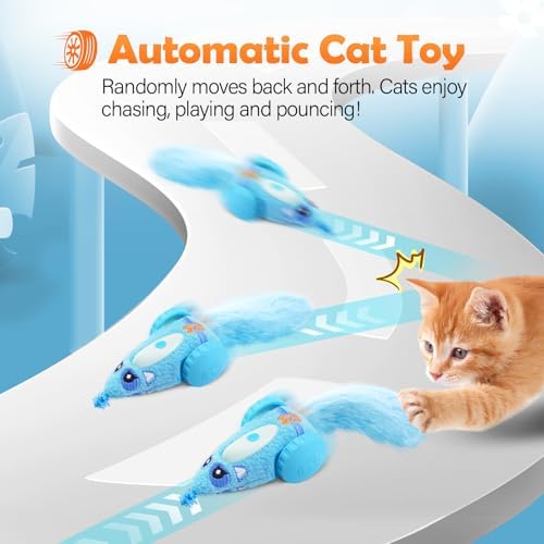 Migipaws Automatic Cat Toys for Indoor Cats, Plush Interactive Mouse Toy, Smart Moving Rechargeable Kitten Toy (Blue)