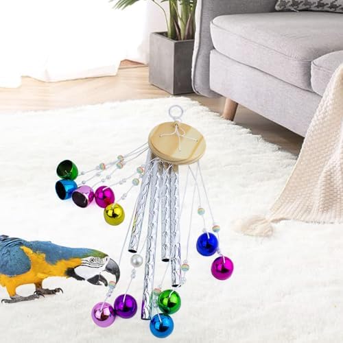 FlidRunest Bird Toys, Conure Wind Chimes Chewing Toy with Colorful Stick, Parakeet Toys 4 Aluminum Tubes 11 Bells, Parrot Cage Windchime Hanging Bells Toys for Conure, Parakeet, Cockatiel