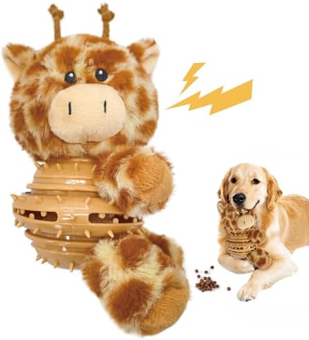 8.46 Inch Giraffe Squeaky Dog Toy with Rubber Treat Dispenser, Plush Chew Toy for Puppy Teething, Interactive Puzzle Toy for Small Medium Large Dogs
