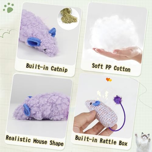 Andiker 3PCS Cat Mouse Toys, Colorful Catnip Toys for Cats with Rattle Box Ribbon Feather Interactive Cat Toys for Indoor Cats to Chew Bite Teeth Cleaning (Purple)