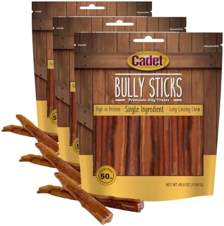 Cadet Bully Sticks for Small Dogs – All-Natural Beef Pizzle, High Protein, Low Fat, Long-Lasting, Grain & Rawhide-Free Dog Chews for Aggressive Chewers, Small (50 Count) (Pack of 3)