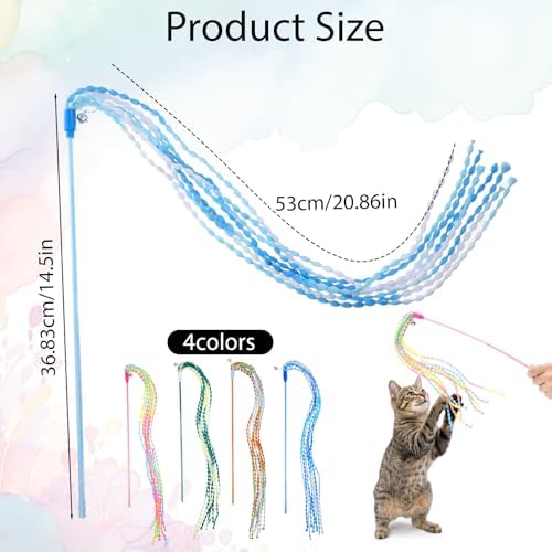4 PCS Cat Stick Toy, String Cat Toy Multicolor Cats Interactive Wands Toys with Bells for Indoor Outdoor Cats Kitten Playing Have Fun Exercise