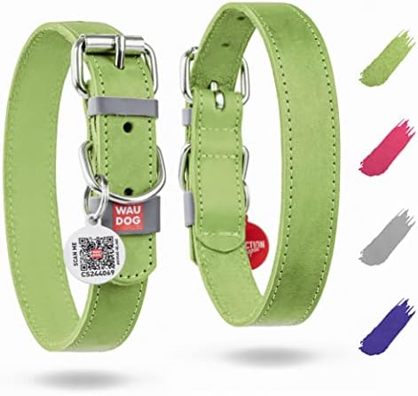 WAUDOG Genuine Leather Dog Collar Adjustable Large Medium Small QR Code Tag