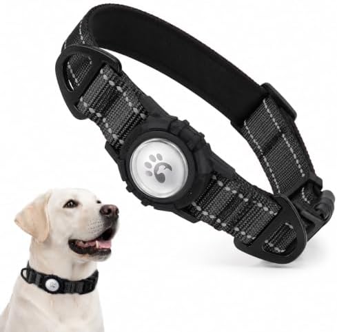 Padded Dog Collar with Waterproof Holder Compatible with Airtag