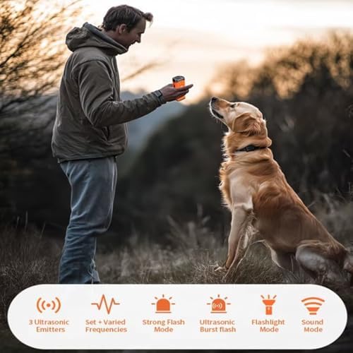 Ultrasonic Dog Bark Deterrent Device – 3X Emitter Rechargeable Anti-Bark Control (25ft Range) with Auto Mode & LED Flashlight, Orange