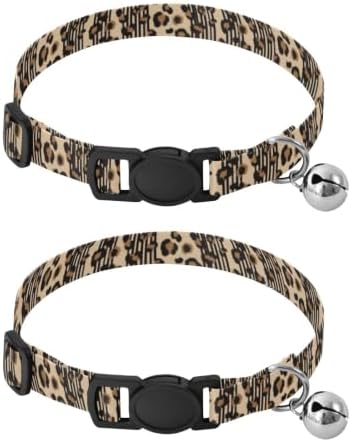 Leopard Spots Brown Black Beige Small Dog Collar with Bell 2 Pack Kitten Collar Adjustable 10.6 to 17.1 Inches