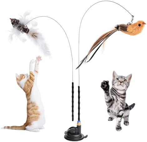 5 Pcs Interactive Cat Feather Toys, Interactive Cat Toys for Indoor Cats, Bird Simulation Cats Feathers Fishing Pole Toy Kit with Suction Base & Replacement Birds for Outdoor Indoor Kitten Playing