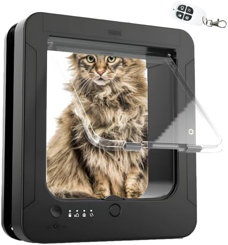 Deluxe Mart Microchip Cat Flap Smart Cat Door with 2 Sensor Collars & 1 Remote Control 4-Way Locking Opening Size 7.7 x 8.3 in for Interior & Exterior Use A