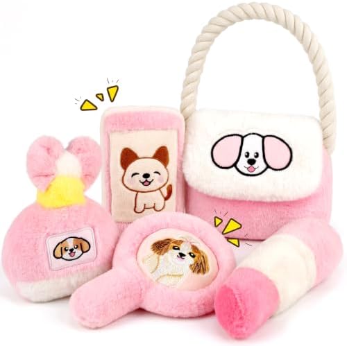 Girl Dog Toys for Small Dogs - 5-Pack with 4 Squeaky Toys and Crinkle Purse