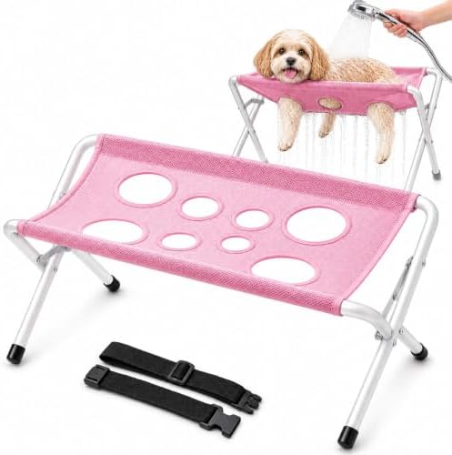 Dog Grooming Hammock Stand, Foldable Pet Bathing Stand, Pink