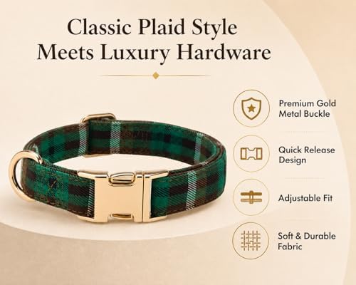 Soft Cotton Dog Collar Classic Plaid Pet Collars with Metal Clasp for Medium Dogs with Sensitive Skin, Forest Green