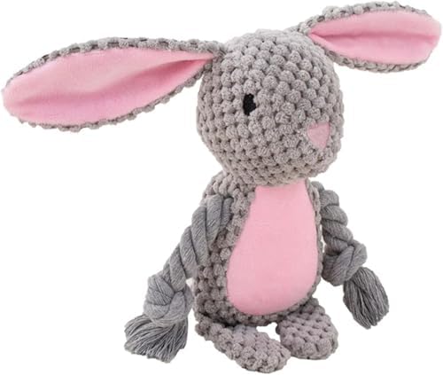 Plush Bunny Dog Toy, Squeaky Tug Toy with Rope Arms for Small Medium Dogs