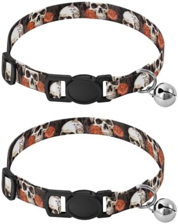 Vintage Flowers Skulls Cat Collars with Bell 2 Pack Small Dog Collar Adjustable 10.6 to 17.1 Inches