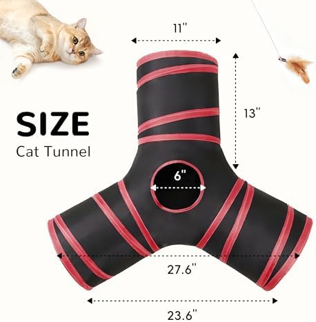 Tempcore Cat Tunnel, 3-Way Collapsible Toy for Indoor Cats, Black & Red