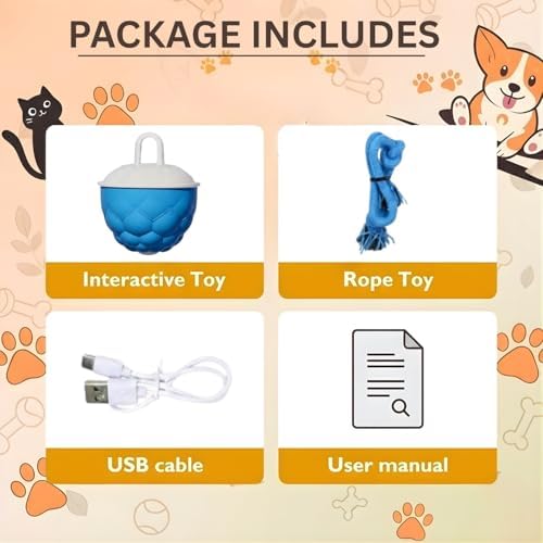 Interactive Dog Toy with Rope Smart Motion Activated Dog Ball USB Rechargeable 3 Speed Modes Durable Automatic Dog Toy for Puppies