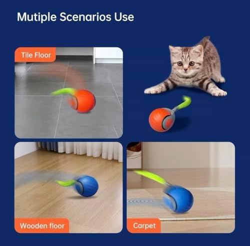 Interactive Automatic Pet Ball Toy for Cats & Small Dogs – USB-C Rechargeable, 3 Tails, 2 Speed Modes for Endless Play (Blue, Small)