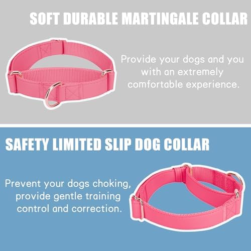 Soft Leather Martingale Dog Collar - Adjustable Rose Gold Limited Slip Collars [Easy to Clean], Stylish Durable Heavy Duty Nylon No Pull Training Collar for Small Medium Large Dogs M Hot Pink
