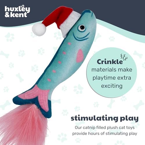 Huxley & Kent Plush Cat Toy - Holiday Interactive Catnip Toy for Cats & Kittens - Soft with Crinkle & Catnip - Fun Indoor Play - Fishmas Sardine Mint