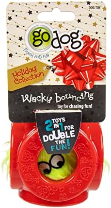 goDog Holiday Collection 2-in-1 Cage Ball Dog Toy with Furballz Squeaky Plush Dog Toy - Red, Small