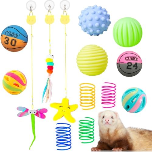 14 pcs Ferret Squeaky Toys Set Rubber Balls Ferret Teeth Grinding Chewing Balls Teething Bouncy Bell Ball Interactive Sound Squeaker Toy Exercise Scratch Chew Toy for Ferrets Pet Cat Dog Small Animals