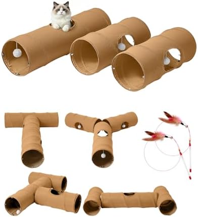 Cat Tunnel, 3 Straight Shaped Tunnels 6 DIY Shapes with Wand Toys, No Noise Scratch Resistant Cool Linen Fabric, Interactive Pet Tunnel Tube for Indoor Cats, Puppy and Rabbits