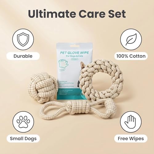 Dog Rope Toys 5 Pack, 100% Natural Cotton Puppy Chew Toys for Small Medium Dogs, Durable Tug of War Toy for Aggressive Chewers, Teeth Cleaning & Boredom Relief, with Pet Wipes