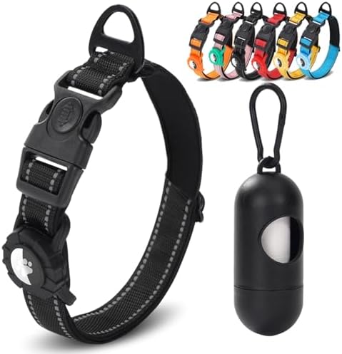 JSXD AirTag Dog Collar, Night Reflective Nylon Dog Collar for Small Medium Large Dogs,Lockable Quick Release Buckle,Padded Breathable Pet Collar with AirTag Holder (Black, Large)