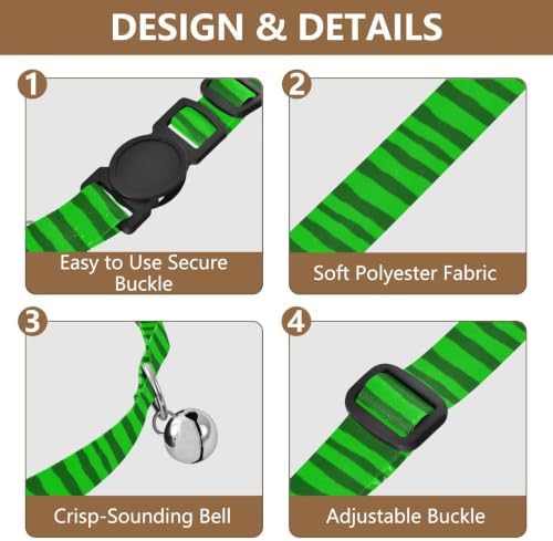 Green Stripes Dog Collar with Bell 2 Pack Kitten Collar Adjustable Length 10.6" to 17.1"