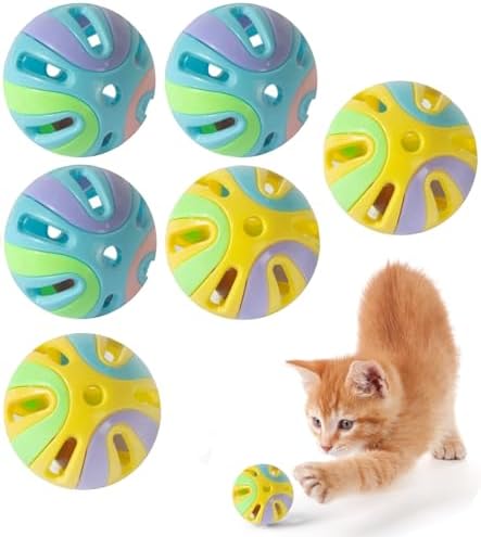 Colorful Cat Toy Balls with Bell 6PCS, Interactive Hollow Design, Plastic, Training Exercise Toy(2 in 1 B2+P2)