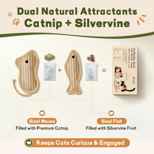 Refillable Catnip Kicker Toys, Sisal Fish & Mouse with Catnip & Silvervine Gall Fruit, Durable Interactive Cat Toy for Indoor Cats, 2-Pack