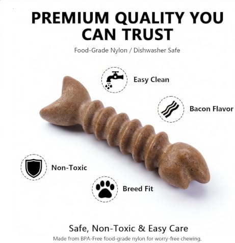MECOOL Durable Nylon Dog Chew Toy – Bacon Flavored Fish Bone Shape for Aggressive Chewers, Tough Interactive Teething Toy for Medium Large Dogs, Long-Lasting Dental Chew Bone