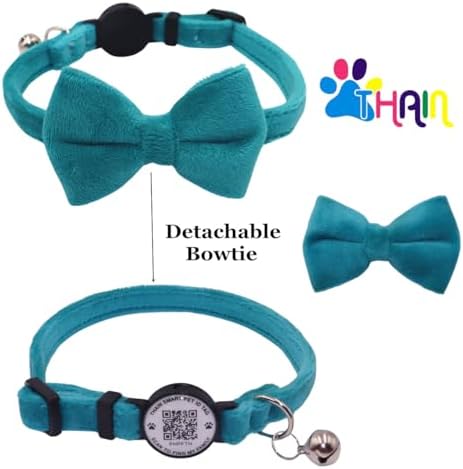 THAIN Personalized Cat Collar with Bell and Bowtie Breakaway QR Code Name Smart ID tag Quick Release Soft Comfortable Collar for Cats and Kittens (Blue)