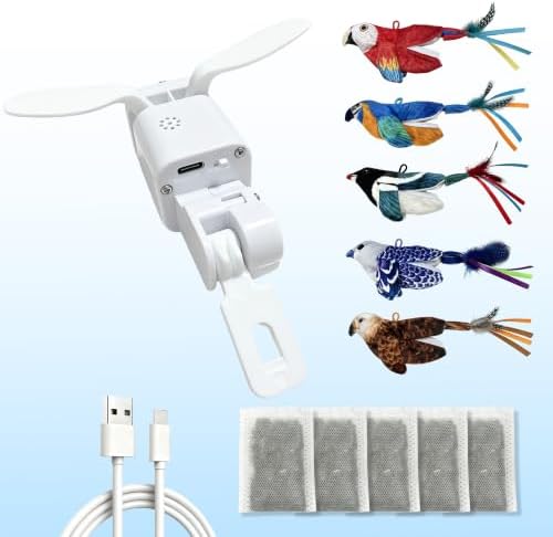 Interactive Bird Cat Toy for Indoor Cats, Flapping Wings and Moving Tail, Auto Chirping Cat Toy, Touch Activated Rechargeable Self Play Cat Kicker Toy, with 5 Bird Covers and Catnip Pouches