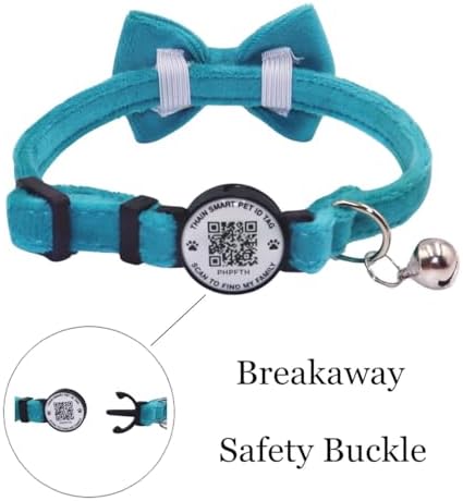 THAIN Personalized Cat Collar with Bell and Bowtie Breakaway QR Code Name Smart ID tag Quick Release Soft Comfortable Collar for Cats and Kittens (Blue)