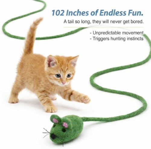 Glaciart One Felt Mouse Cat Toy – Soft Fuzzy Enrichment 100% Natural Wool - Interactive Catnip Play Cat Toy Set - Safe for Pets, Non-AZO Colored Dyes - 100” Long