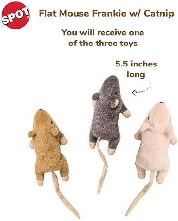 SPOT Flat Mouse Frankie with Catnip - Cat Toy, Fuzzy Mice with Catnip and Crinkle Sound, Perfect Size for Pouncing on, Chasing, Hunting - 5.5in Plush Toys, Assorted Colors (Pack of 2)